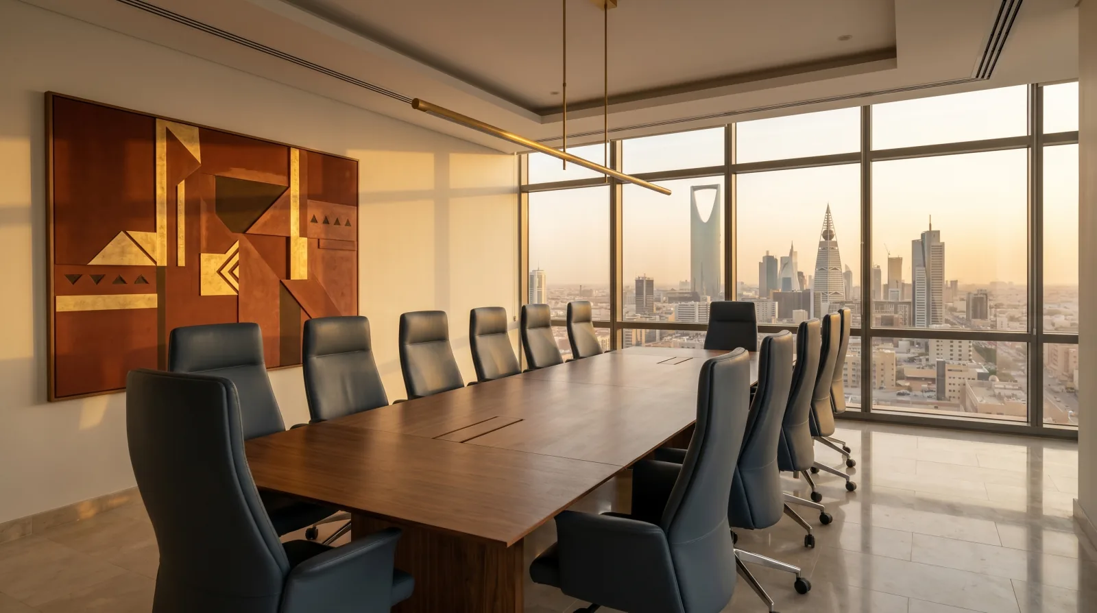 قاعة اجتماعات تطل على أفق مدينة الرياض عند الغروب