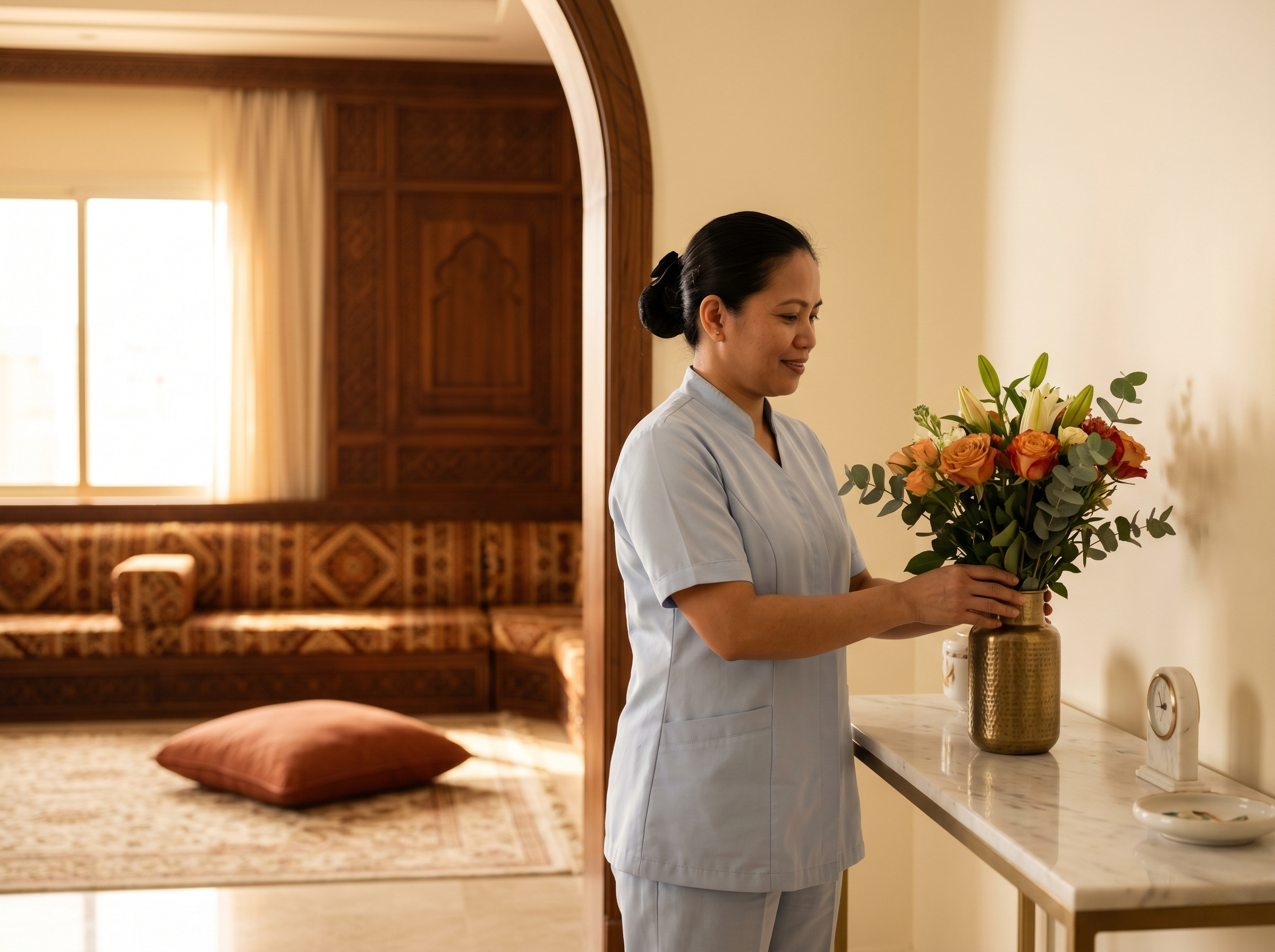 Professional domestic worker arranging flowers in a warm Saudi home
