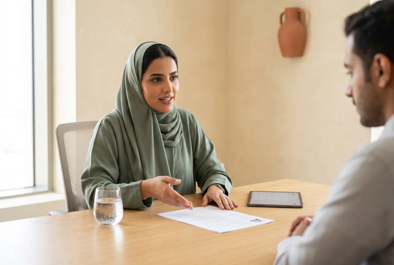 مقابلة عمل تجري حول طاولة في قاعة اجتماعات